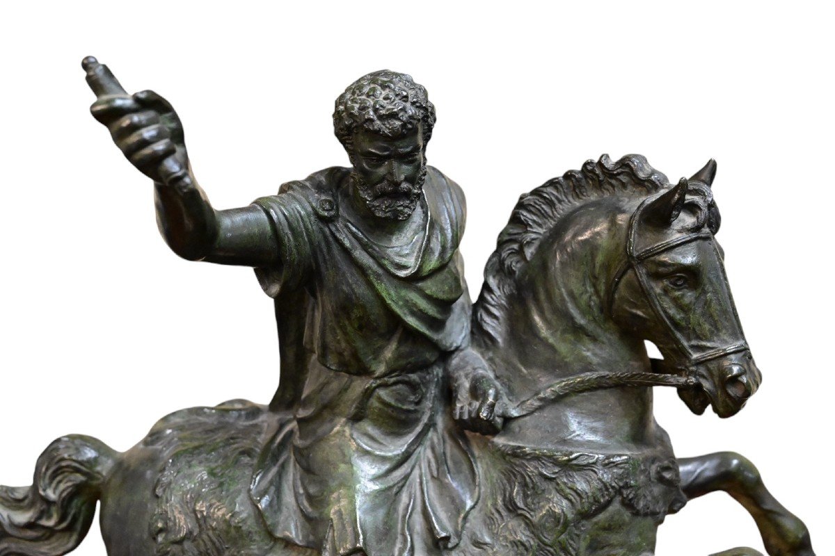 Bronze Sculpture Depicting Roman Emperor On Horseback - Italy Late 19th Century-photo-4